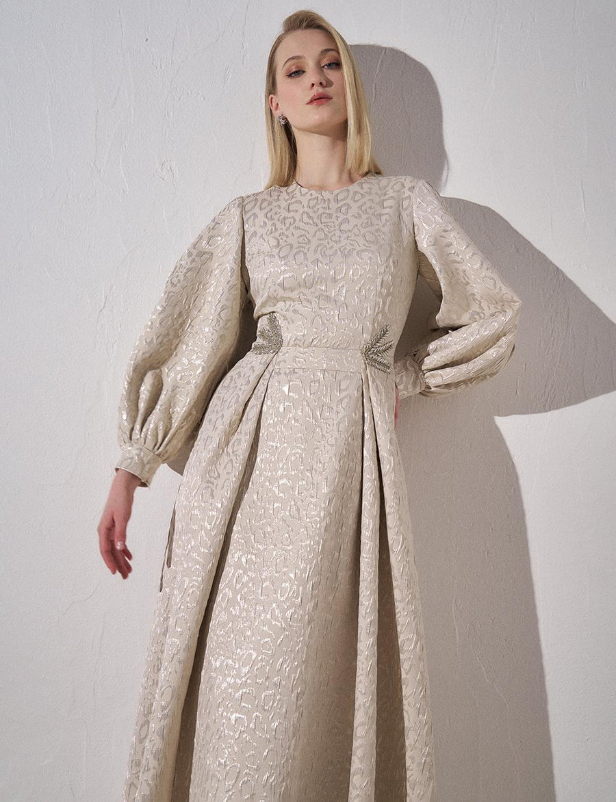 Jacquard Balloon Sleeve Dress Cream Fınal Item - Porterist 2