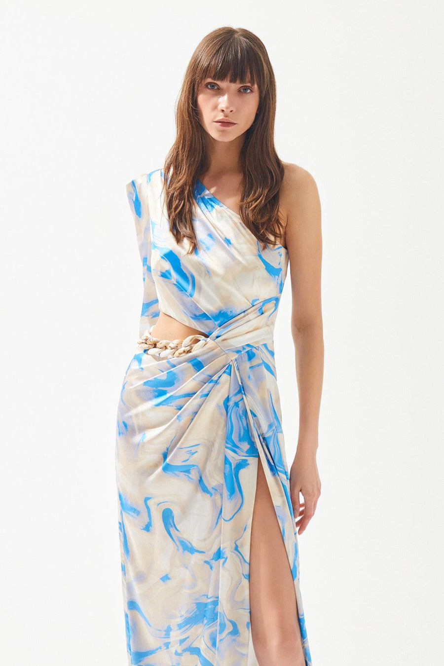 Blue Beige Patterned Chain And Cut Out Detailed Slit Dress Fınal Item - Porterist 1