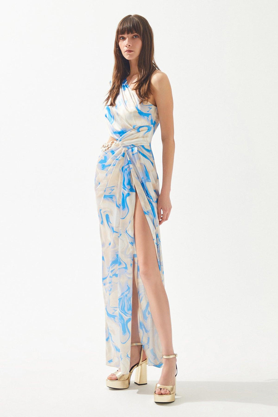 Blue Beige Patterned Chain And Cut Out Detailed Slit Dress Fınal Item - Porterist 2