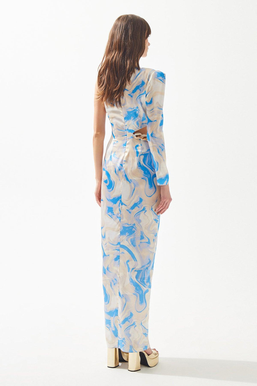 Blue Beige Patterned Chain And Cut Out Detailed Slit Dress Fınal Item - Porterist 3