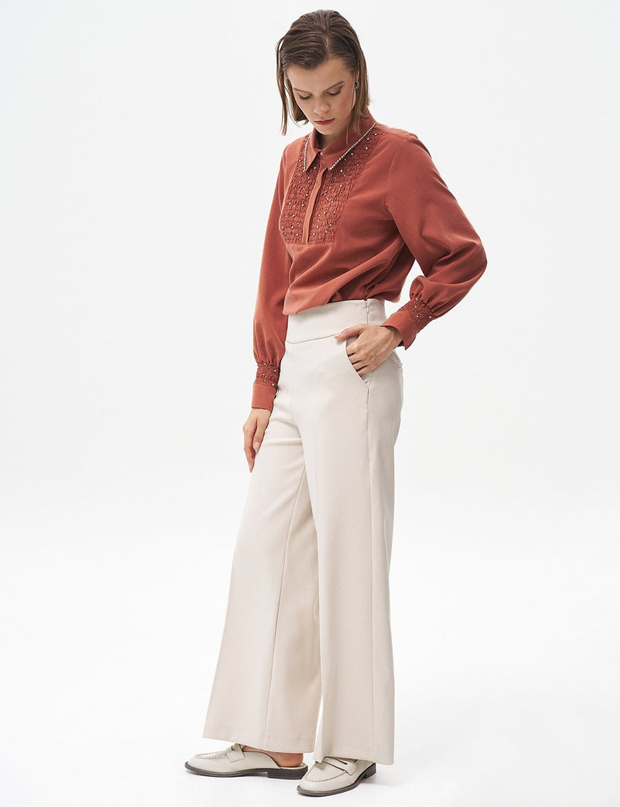 Wide Leg Trousers Cream with Iron Trace