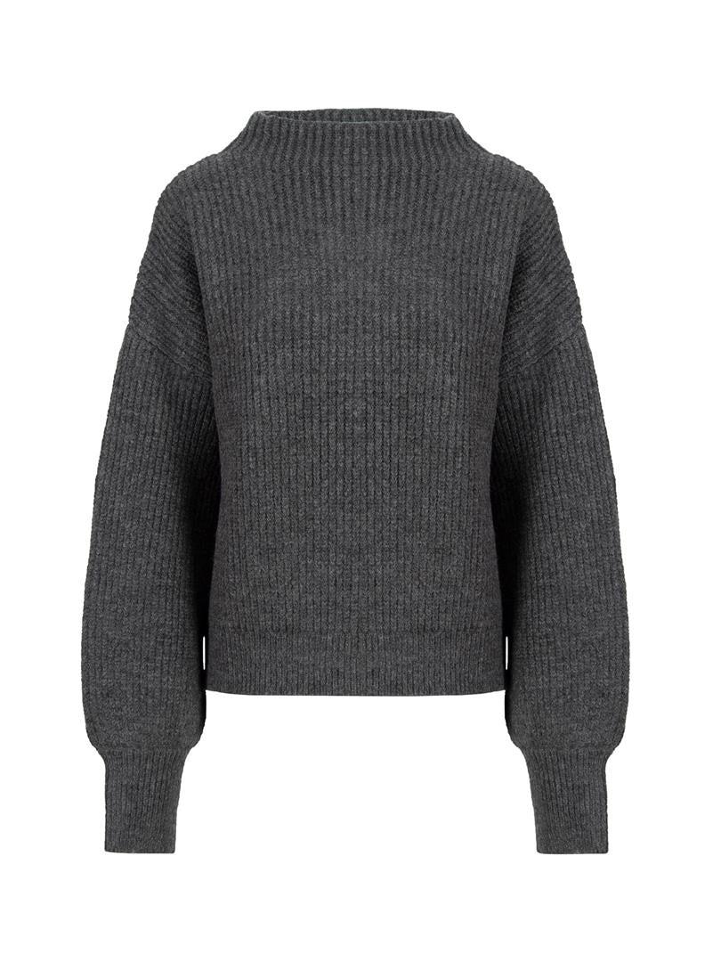 Solid Collar Balloon Sleeve Knitted Sweater - Anthracite