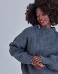 Solid Collar Balloon Sleeve Knitted Sweater - Anthracite