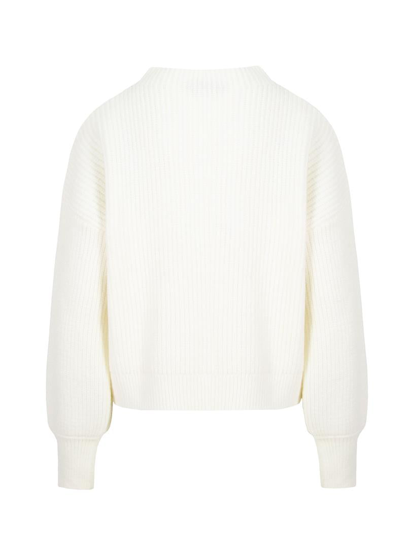 Solid Collar Balloon Sleeve Knitwear Sweater - Ecru