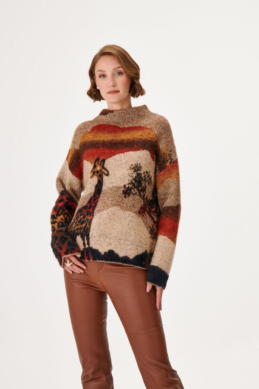 Mandarin Collar Woolen Brown Knit Sweater With Giraffe Pattern Fınal Item - Porterist 1