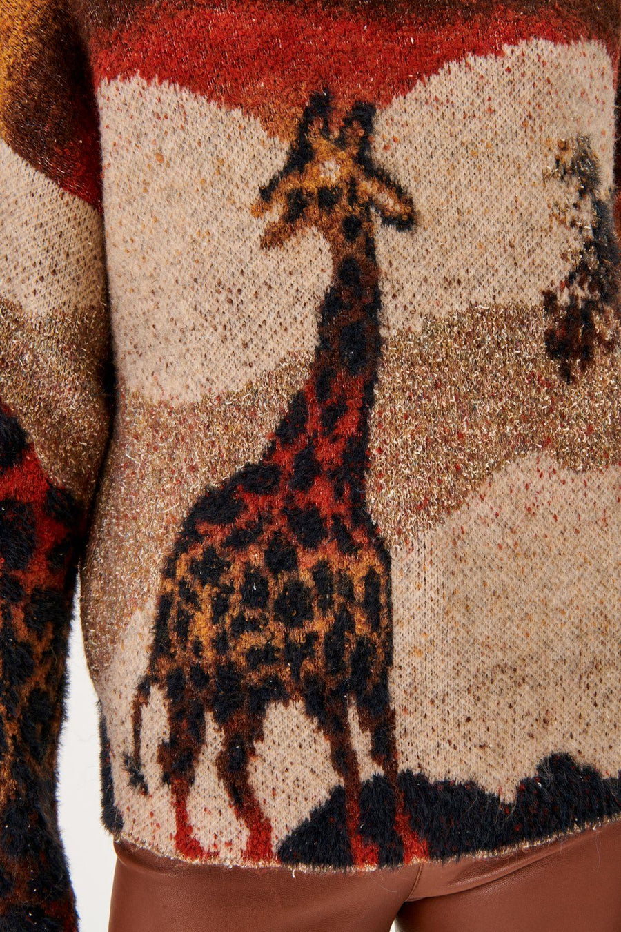 Mandarin Collar Woolen Brown Knit Sweater With Giraffe Pattern Fınal Item - Porterist 2