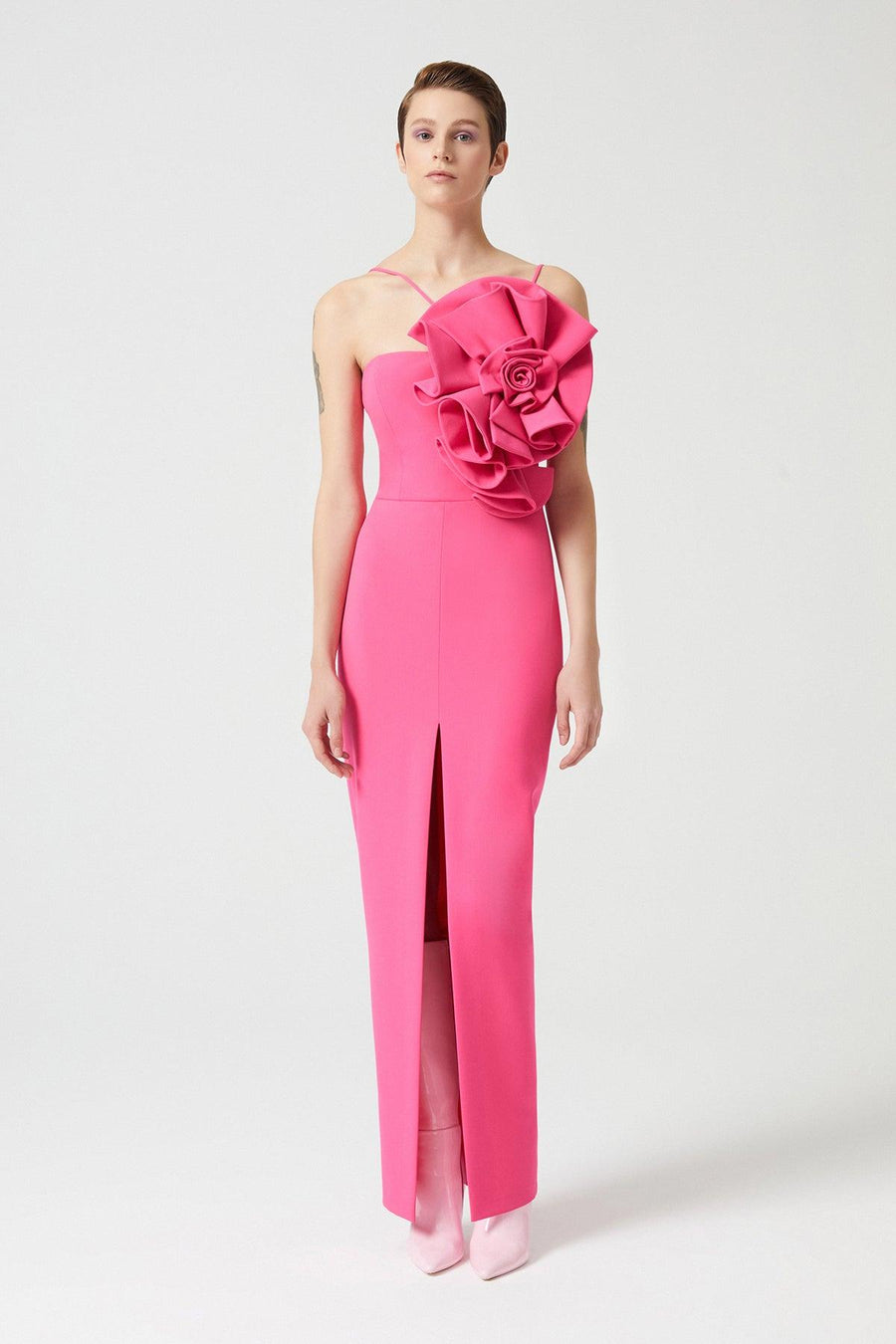 Fuchsia Drape Rose Detailed Dress With Slit At The Front Fınal Item - Porterist 1
