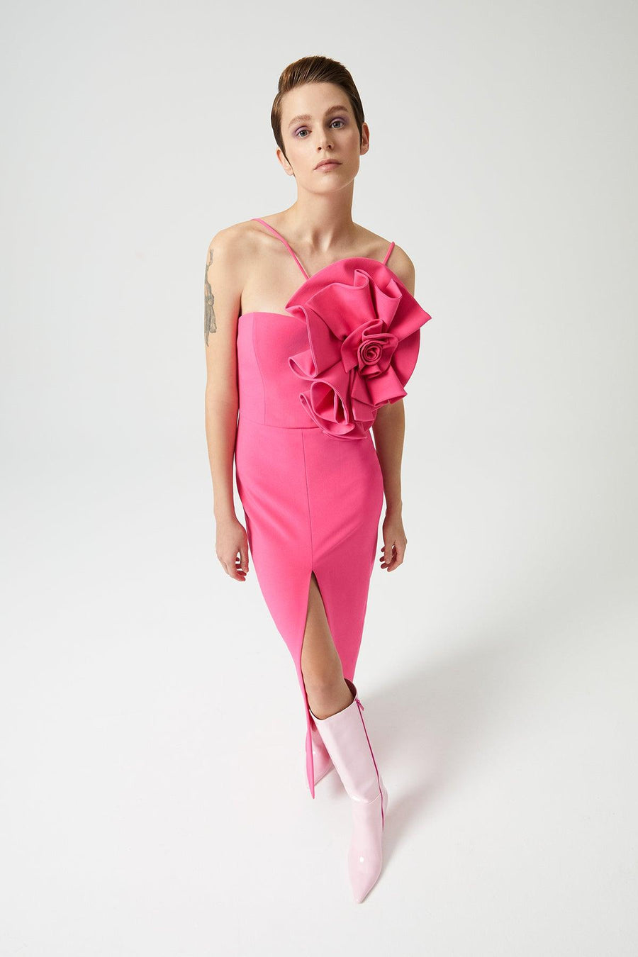 Fuchsia Drape Rose Detailed Dress With Slit At The Front Fınal Item - Porterist 3