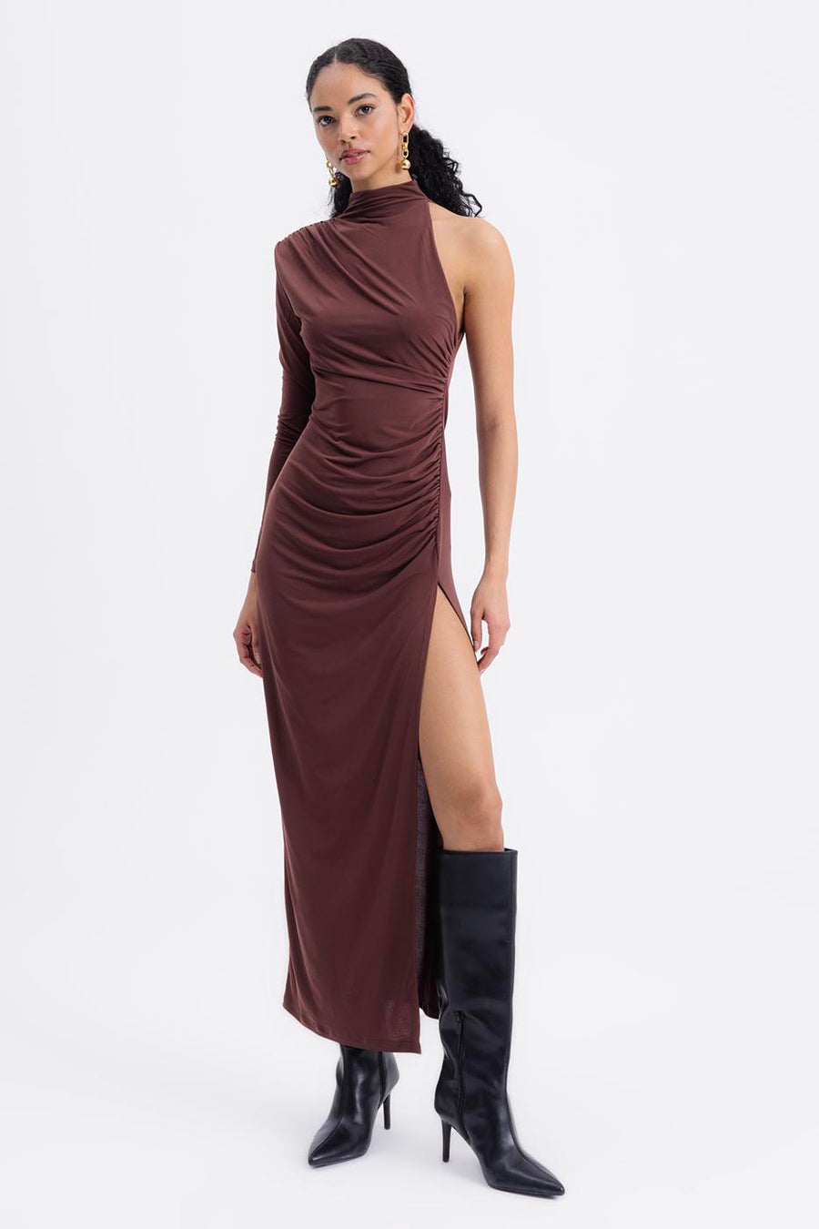 Brown Draped One Shoulder Midi Dress  - Porterist 1