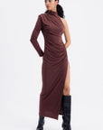 Brown Draped One Shoulder Midi Dress  - Porterist 2