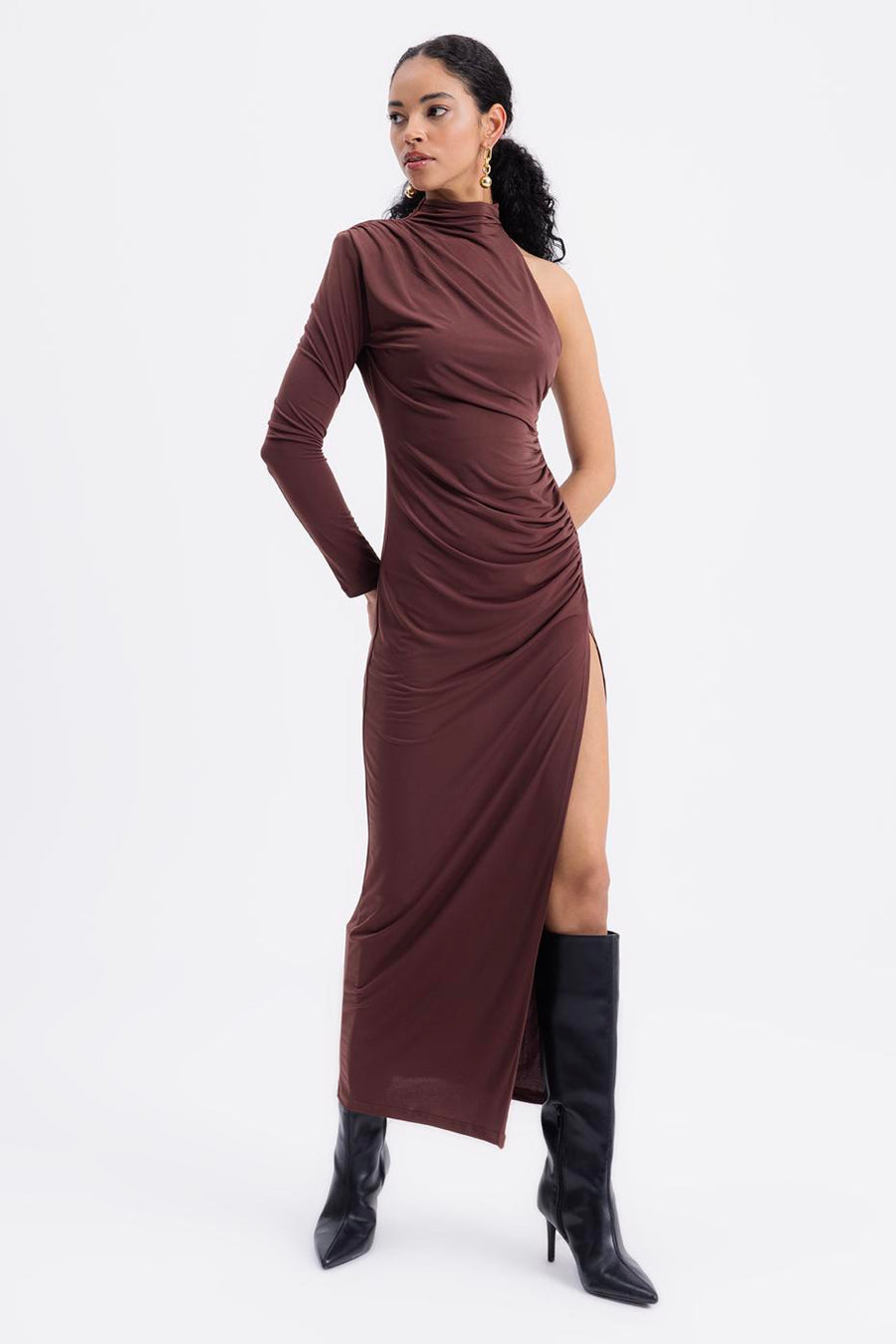 Brown Draped One Shoulder Midi Dress  - Porterist 2