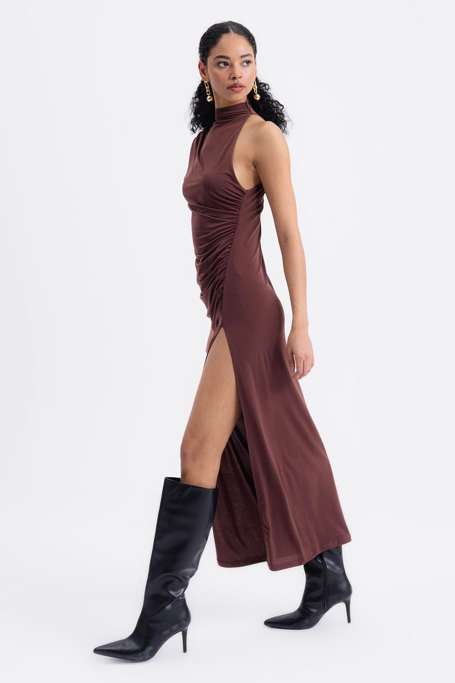 Brown Draped One Shoulder Midi Dress  - Porterist 3