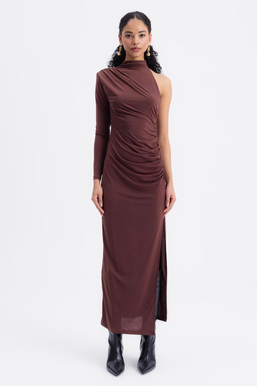 Brown Draped One Shoulder Midi Dress  - Porterist 4