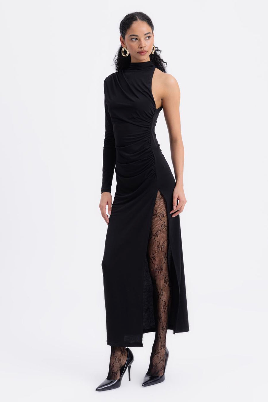 Black Draped One Shoulder Midi Dress  - Porterist 2