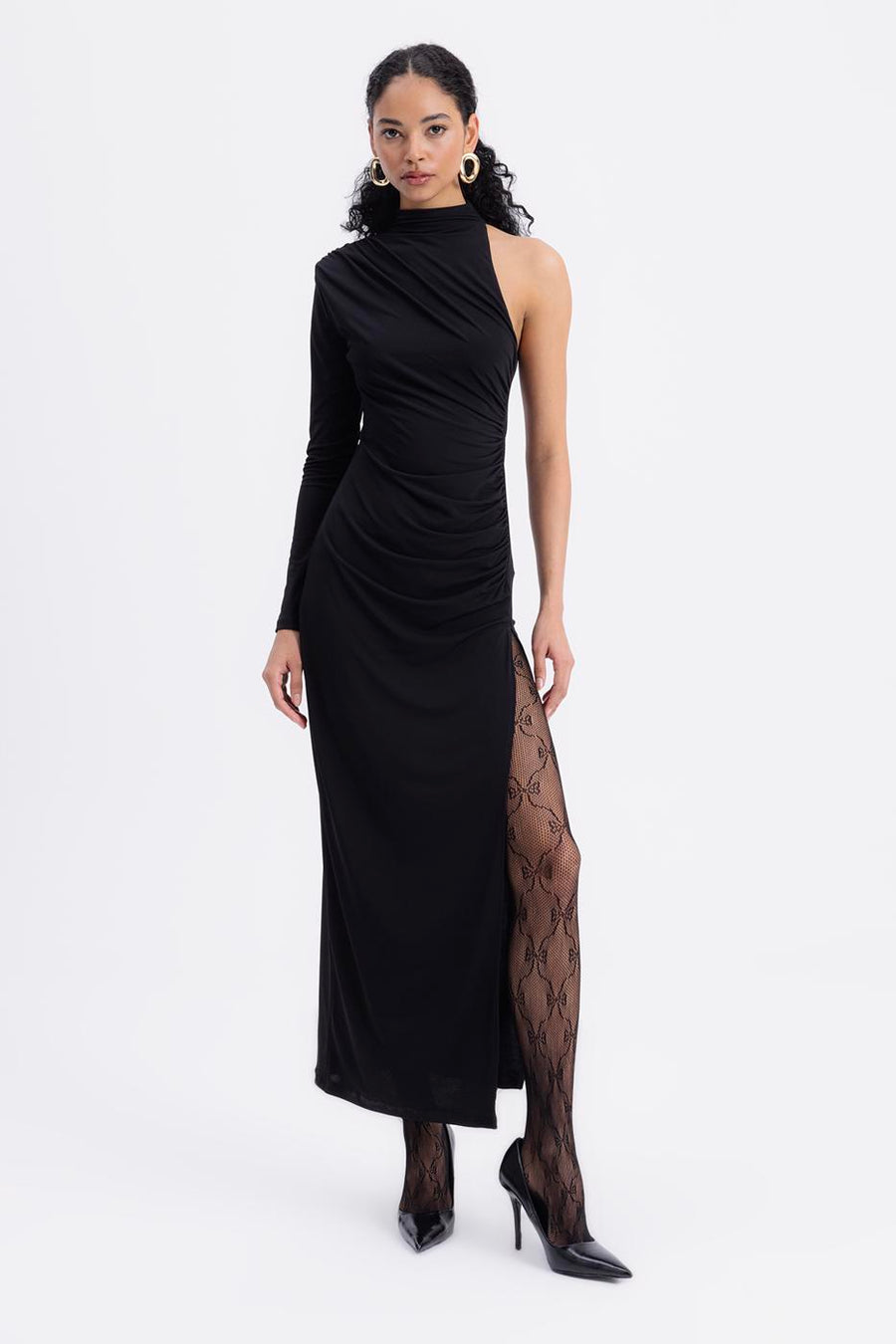 Black Draped One Shoulder Midi Dress  - Porterist 3