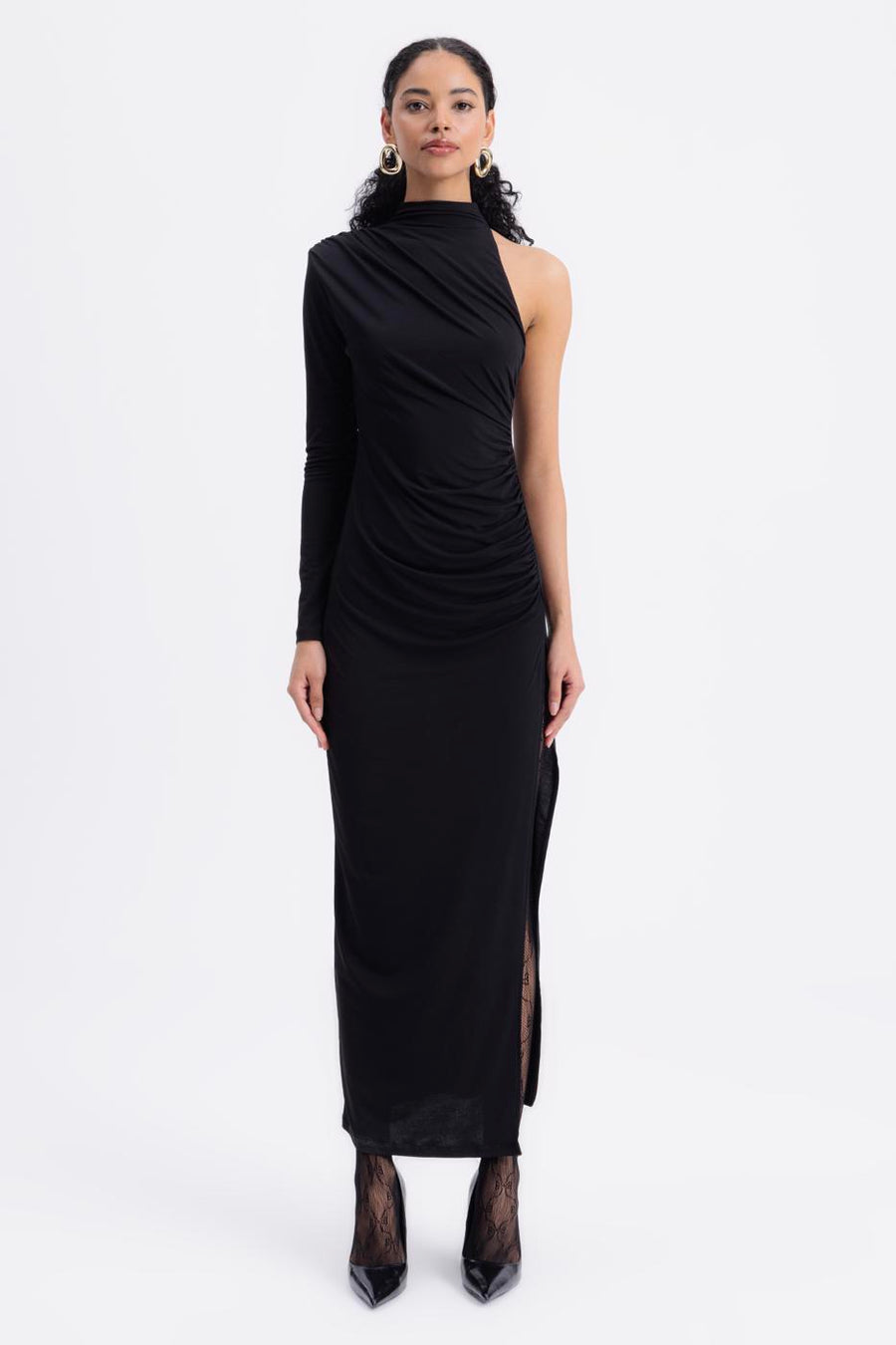 Black Draped One Shoulder Midi Dress  - Porterist 4