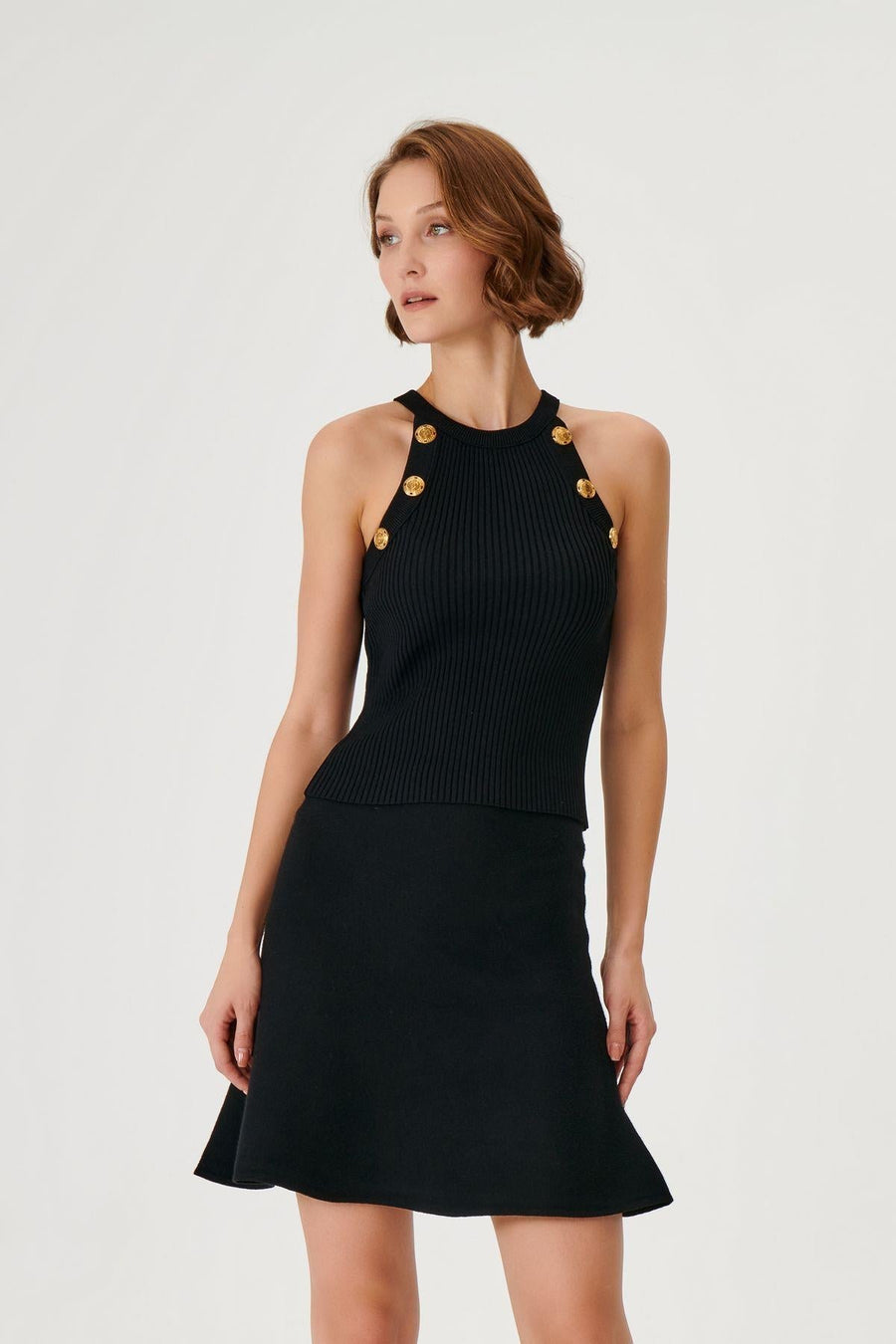 Black Halter Neck Knit Top With Button Detail Fınal Item - Porterist 1