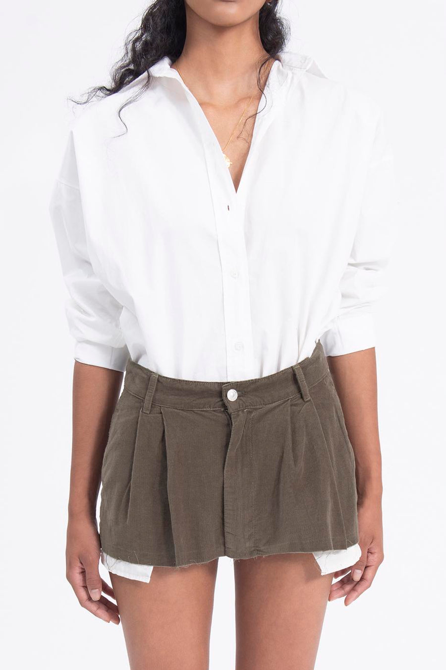 Khaki Low Waist Pleated Velvet Mini Skirt  - Porterist 2