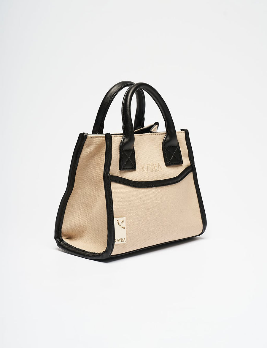 Leather Mix Tote Bag Beige-Black