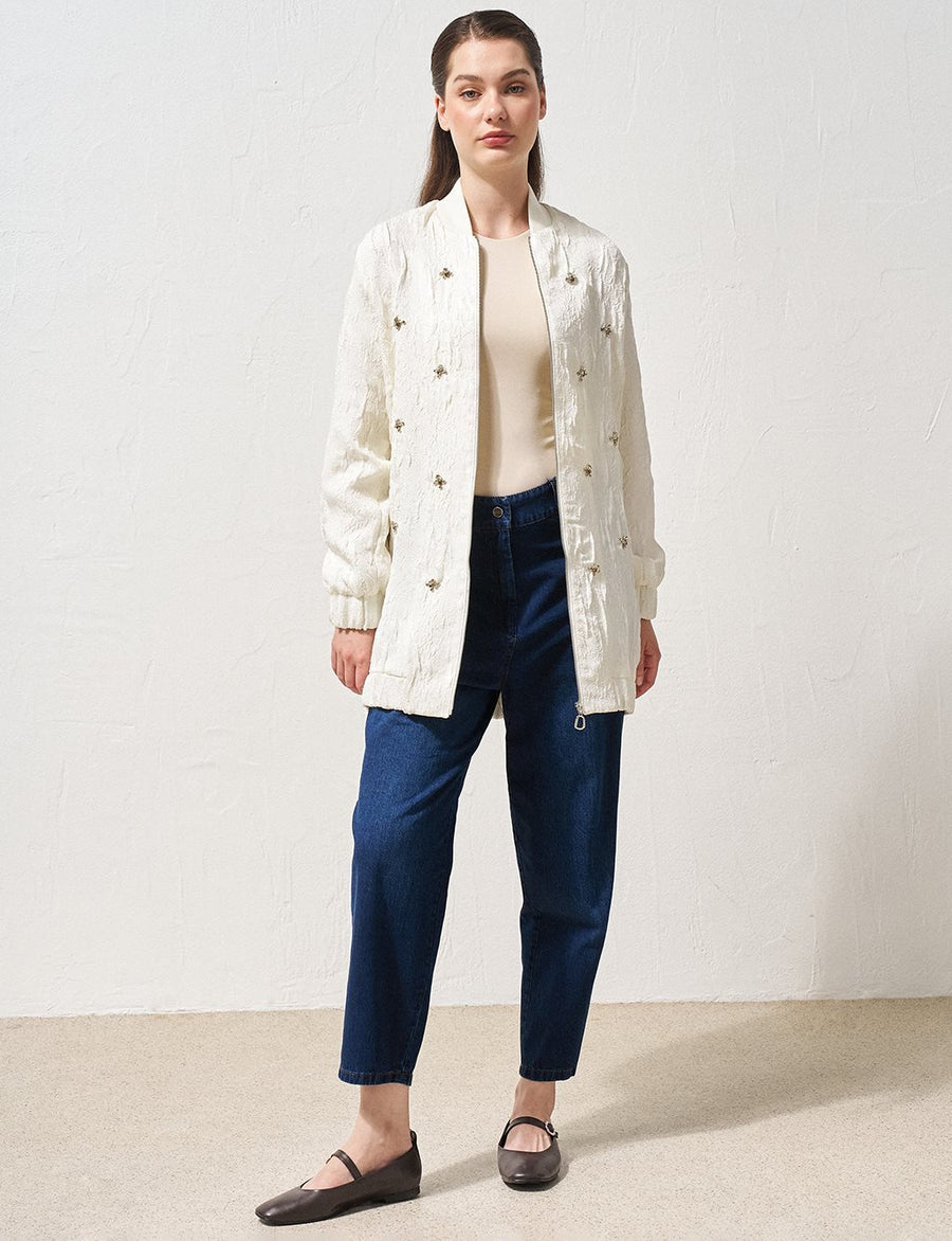 Stone Embroidered Relief Pattern Jacket Ecru