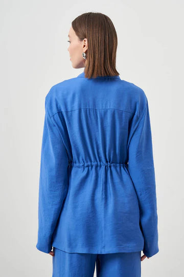 Mizalle Cinched Waist Shirt Jacket Blue Apparel Blue