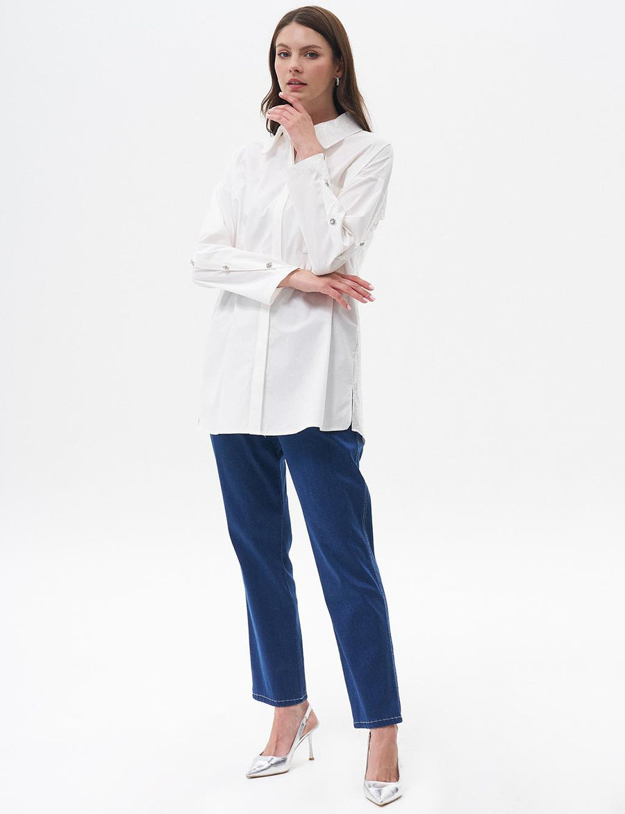 Sleeve Detailed Poplin Tunic Ecru