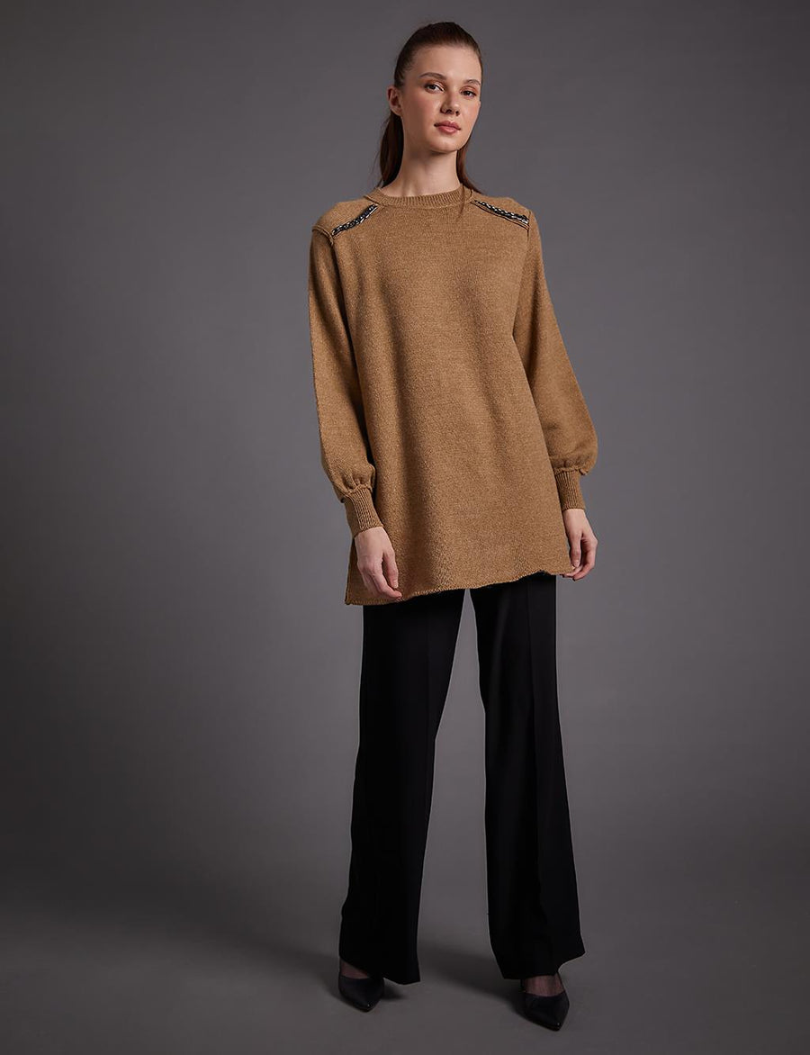 Knitwear Tunic with Chain Detail on the Shoulder Milk Brown