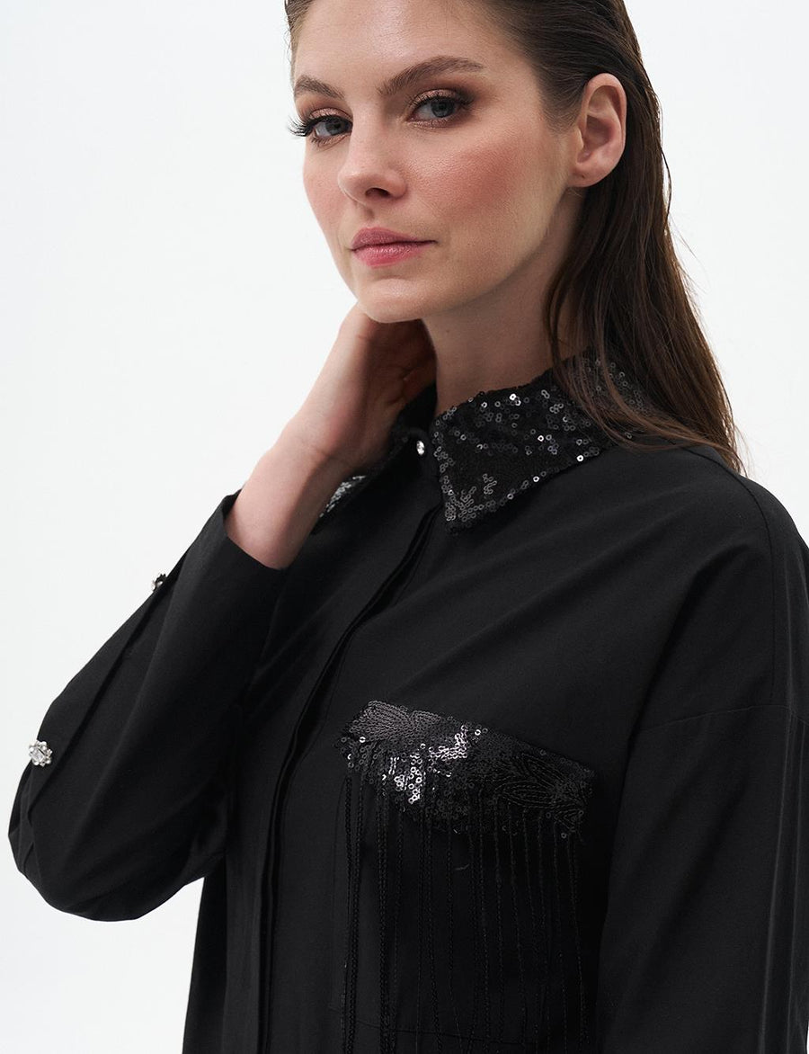 Sleeve Detailed Poplin Tunic Black