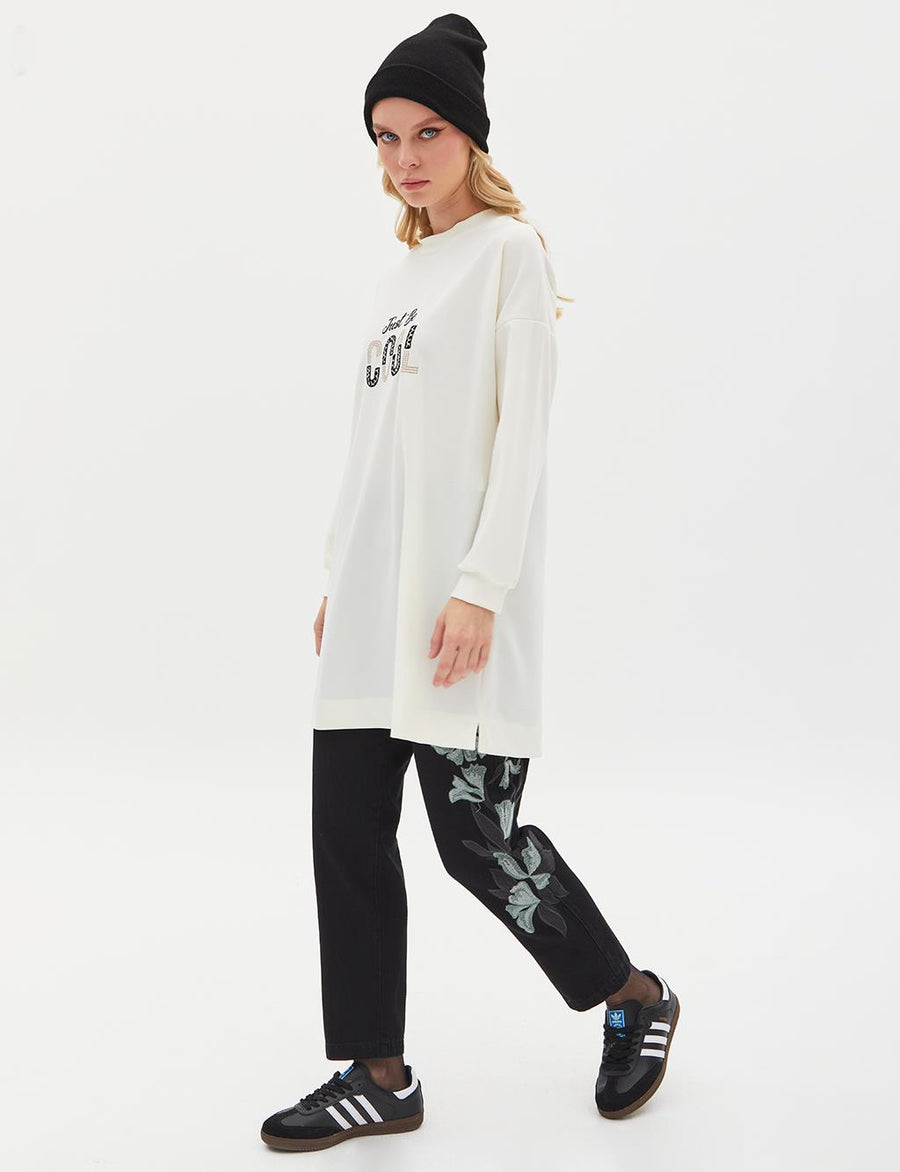 Slogan Embroidered Sweat Ecru