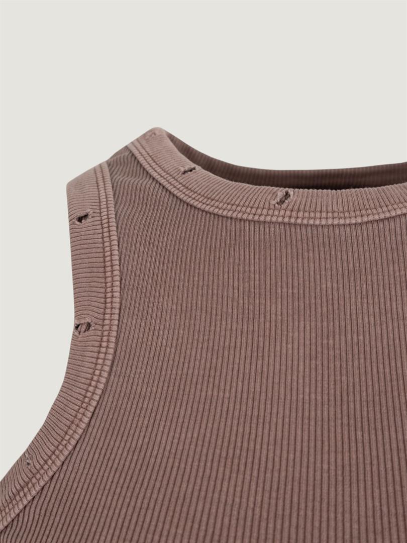 Aged Look Ribbed Swim Collar Tank - Brown