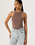 Aged Look Ribbed Swim Collar Tank - Brown