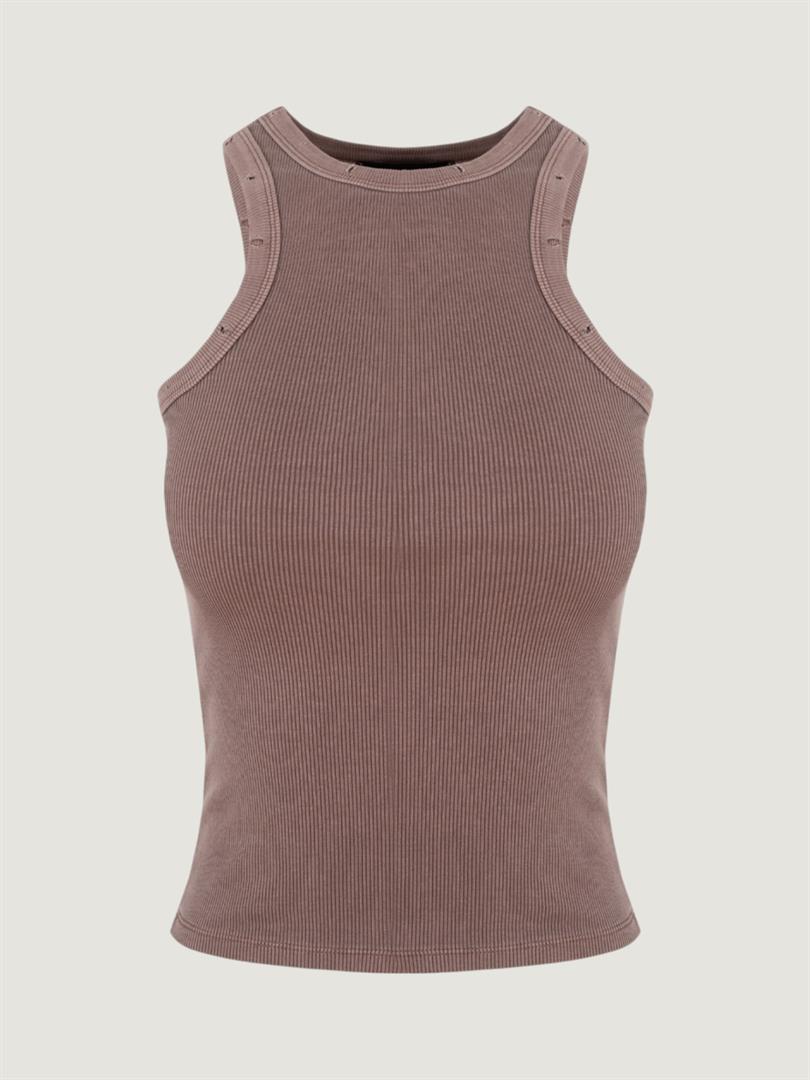 Aged Look Ribbed Swim Collar Tank - Brown