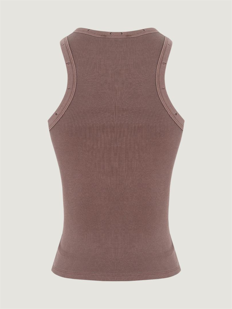 Aged Look Ribbed Swim Collar Tank - Brown