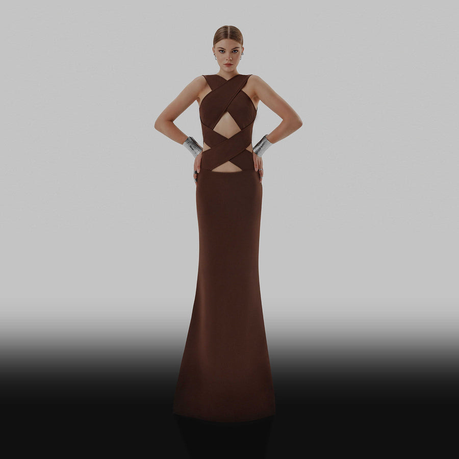Brown Xena Cut - out Long Evening Dress | Porterist