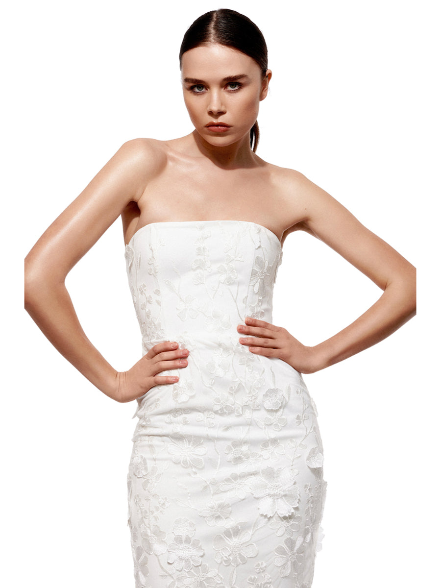 Lilly White Floral Embroidered Midi Evening Dress