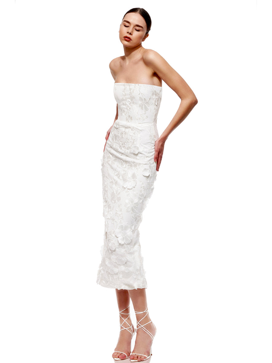 Lilly White Floral Embroidered Midi Evening Dress