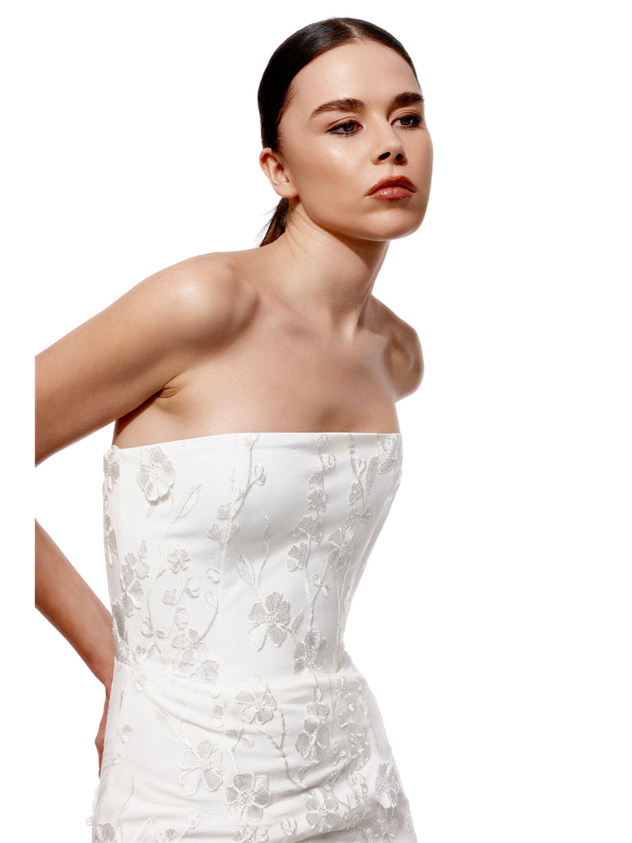 Lilly White Floral Embroidered Midi Evening Dress