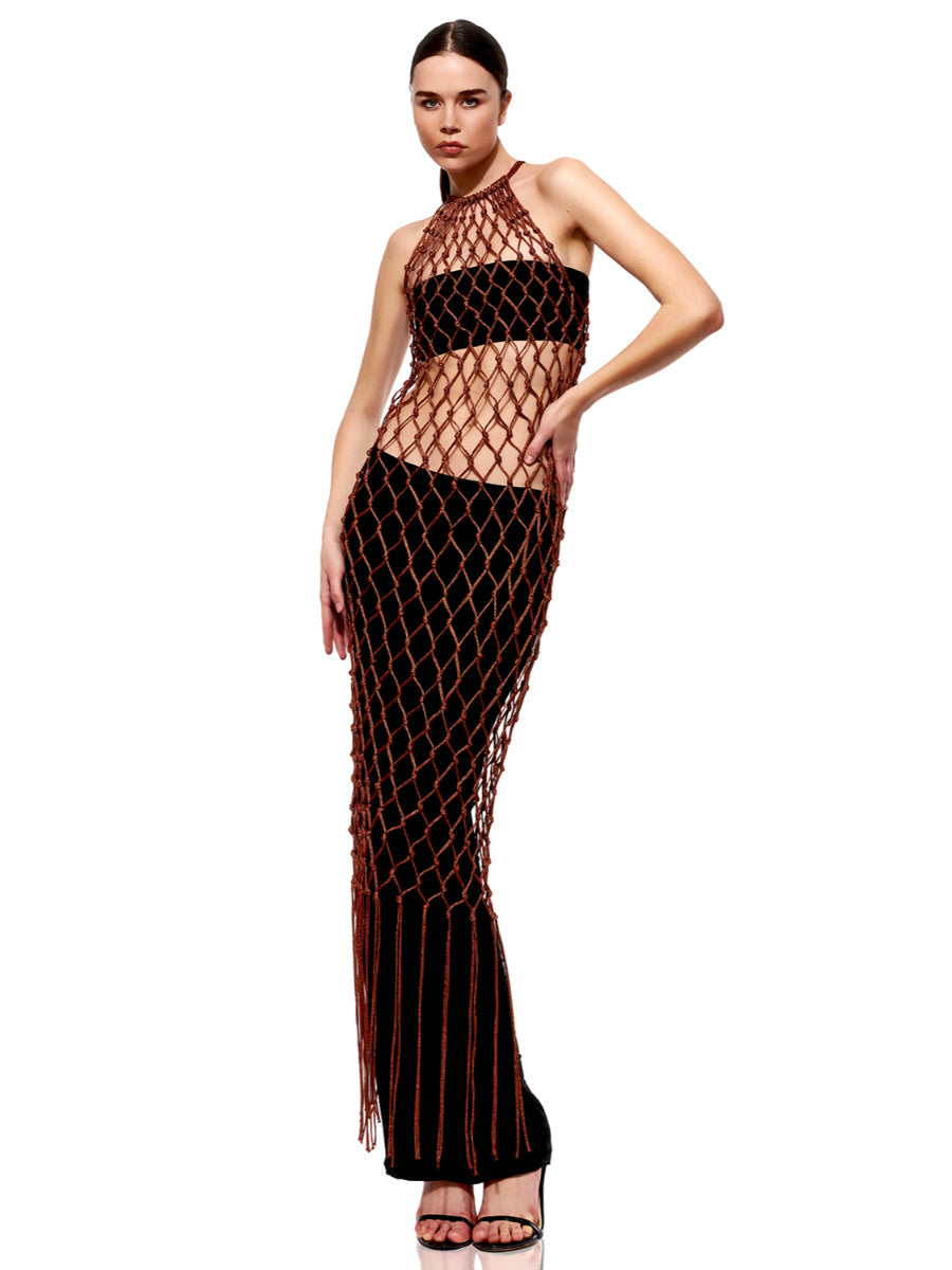 Sia Copper Macrame Scarf Detail Midi Evening Dress