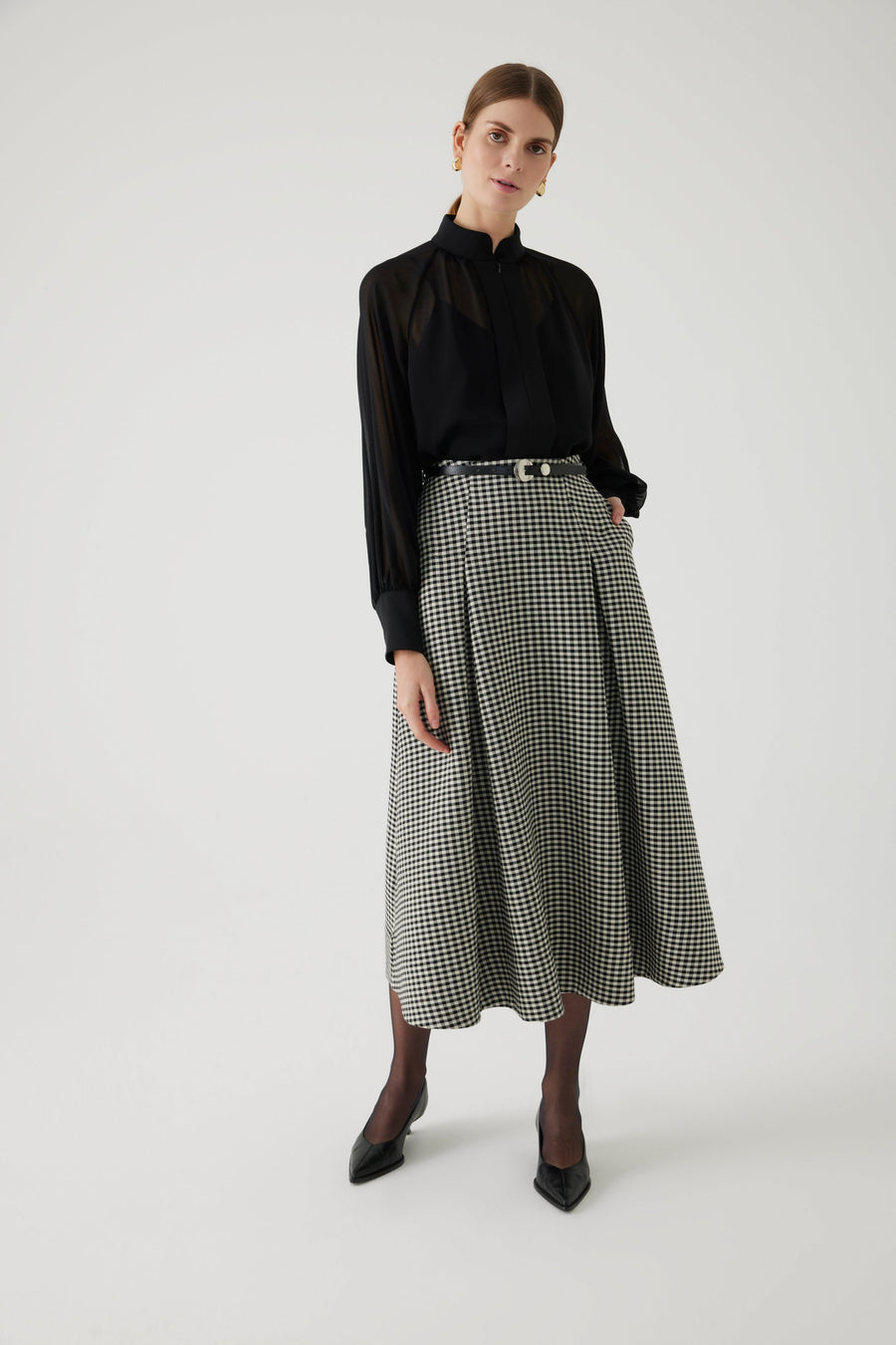 Exquise  Aline Gingham Patterned Midi Skirt with Belt - Porterist 1