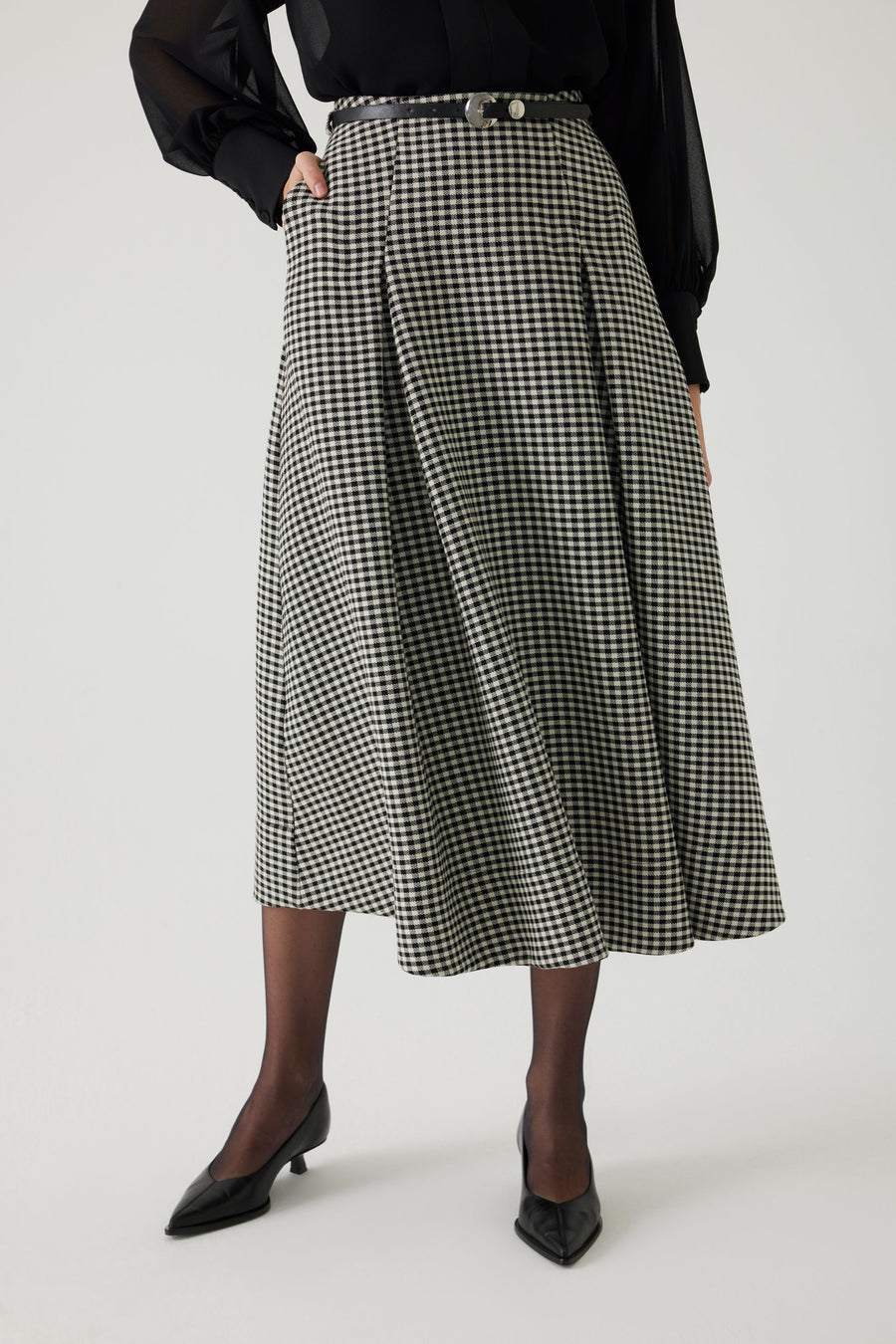 Exquise  Aline Gingham Patterned Midi Skirt with Belt - Porterist 2