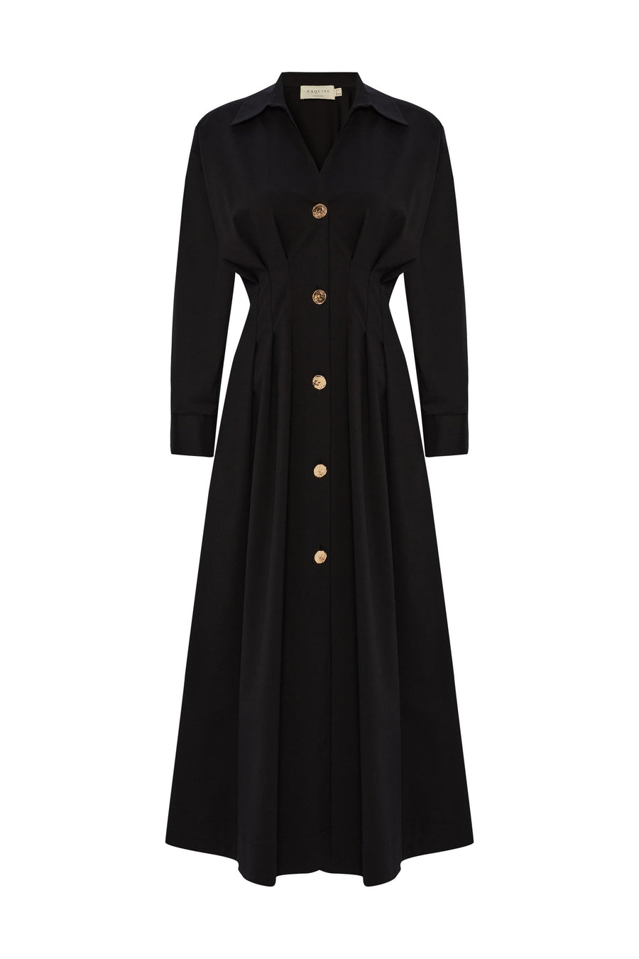 Exquise Black Fitted Waist Button Detailed Cotton Midi Shirt Dress  - Porterist 1