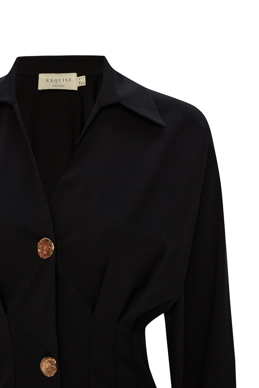 Exquise Black Fitted Waist Button Detailed Cotton Midi Shirt Dress  - Porterist 3