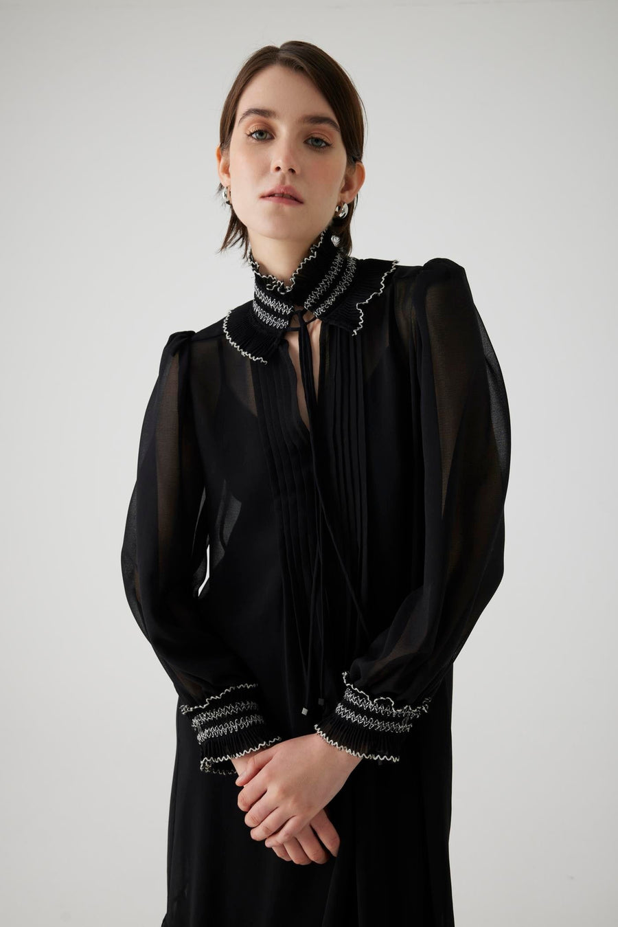 Exquise  Black Pleated Long Sleeve Midi Chiffon Bohemian Black Dress - Porterist 3