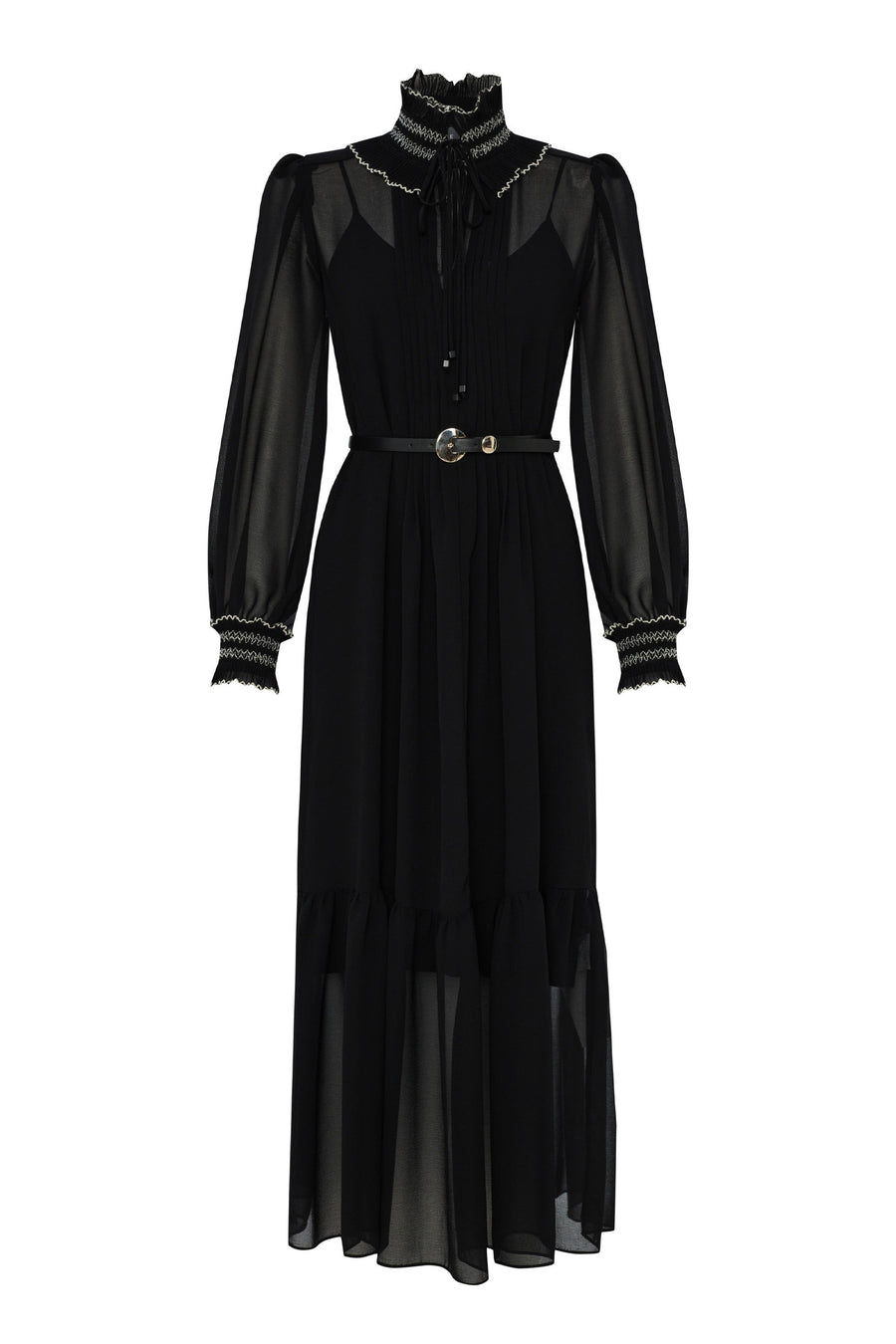 Exquise  Black Pleated Long Sleeve Midi Chiffon Bohemian Black Dress - Porterist 5