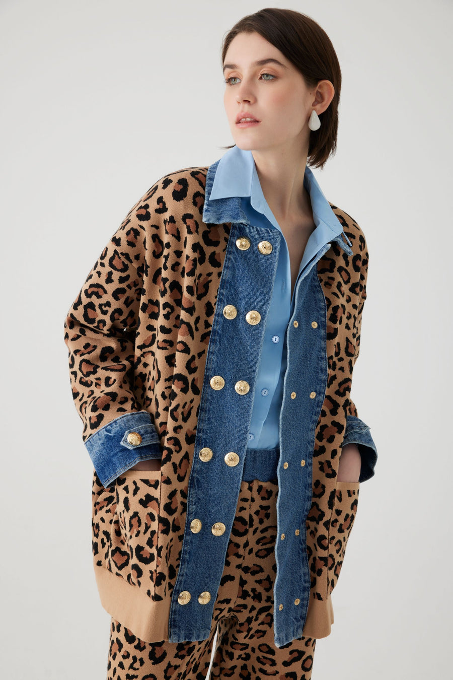 Exquise  Brown Denim Garnished Leopard Oversized Cardigan - Porterist 1