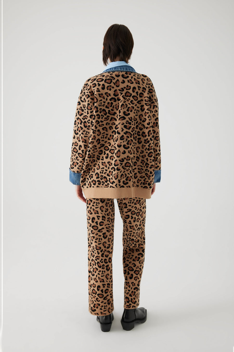 Exquise  Brown Denim Garnished Leopard Oversized Cardigan - Porterist 2