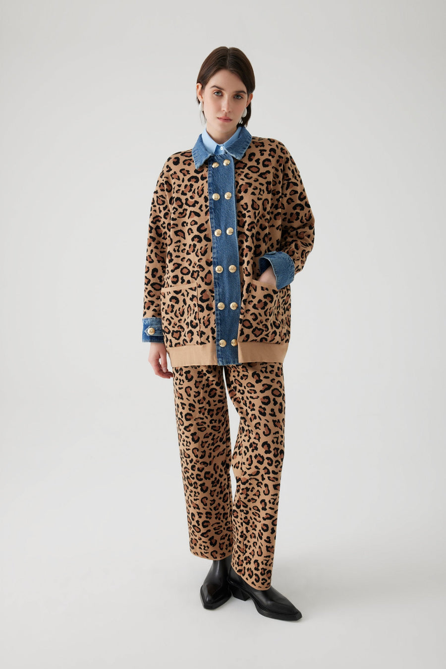 Exquise  Brown Denim Garnished Leopard Oversized Cardigan - Porterist 3