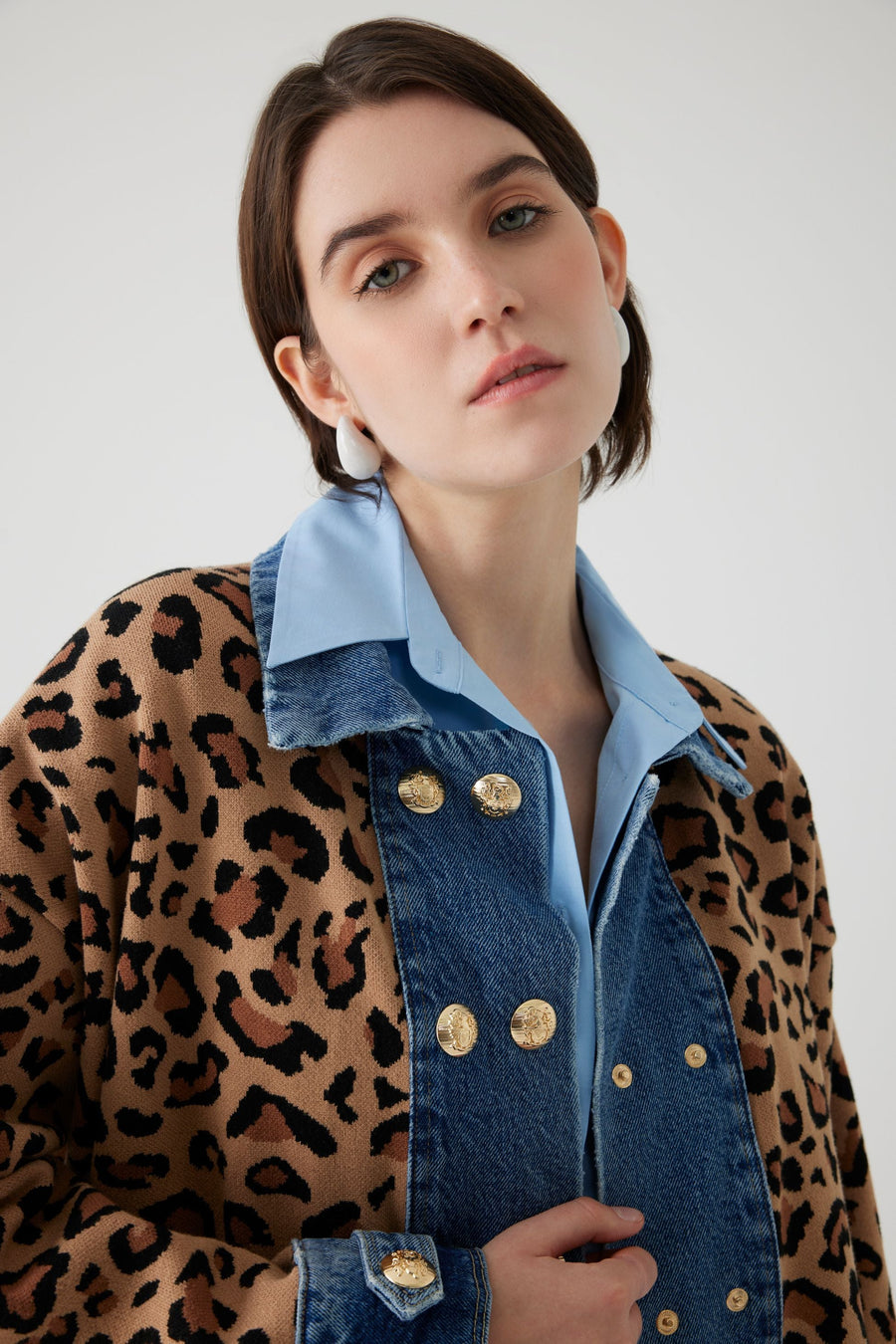 Exquise  Brown Denim Garnished Leopard Oversized Cardigan - Porterist 4