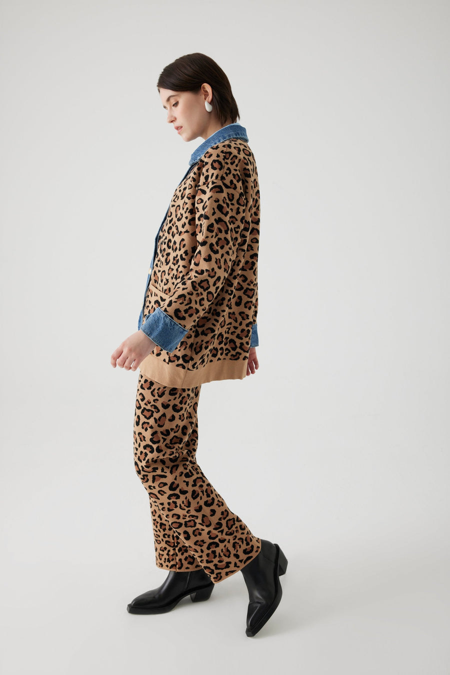 Exquise  Brown Denim Garnished Leopard Oversized Cardigan - Porterist 5