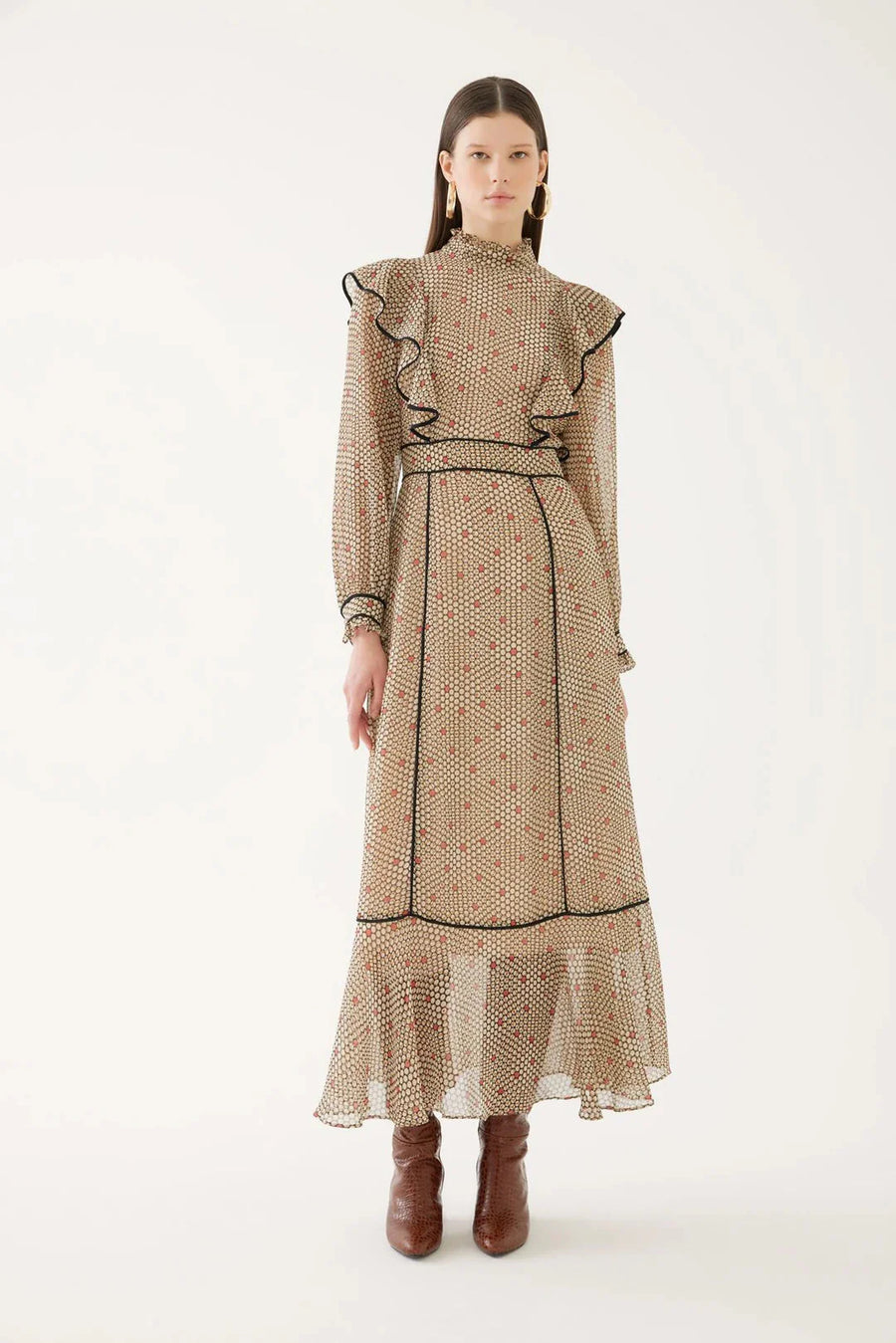 Multicolor Mandarin Collar Dress With Flounce And Tape